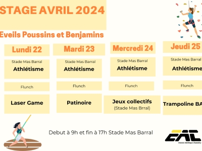 Stage de Pâques 2024 Eveils, Poussins et Benjamins ! Inscription ICI